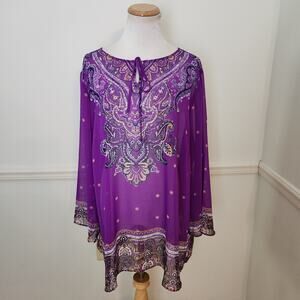 Susan Graver Tunic Shirt 2X Womens Purple Sheer Boho Beach Kimono Shirt Ltweight